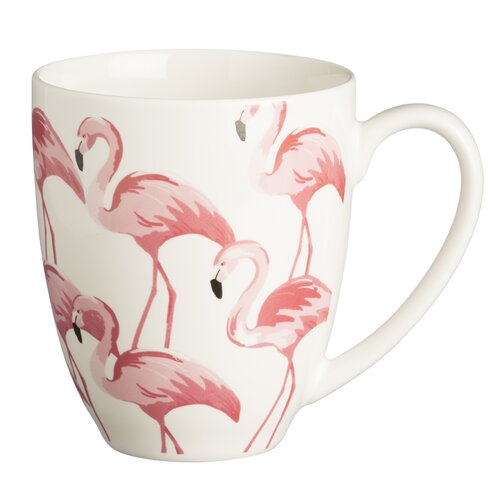 White ceramic mug featuring a pink flamingo design, with multiple flamingos in varying poses, holding 38cl capacity, perfect for adding a tropical touch to your drinkware.