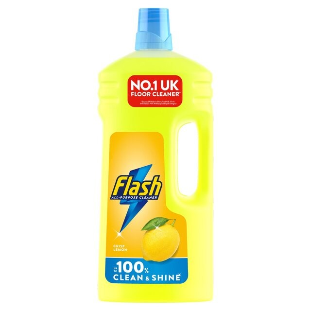 Bright yellow plastic bottle of Flash Lemon Liquid, 2000ml, featuring a blue cap, a label with "NO.1 UK FLOOR CLEANER," and a lemon graphic, emphasizing its all-purpose cleaning power.