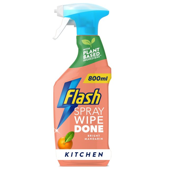 Bright orange and blue spray bottle of Flash Wipe & Done Kitchen Spray, featuring a mandarin graphic, 800ml capacity, and a plant-based ingredients label.