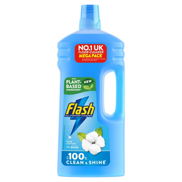 Light blue plastic bottle of Flash All Purpose Cleaner, 1.5L, featuring a prominent logo, cotton flower graphics, and a cap with a spout for easy pouring.