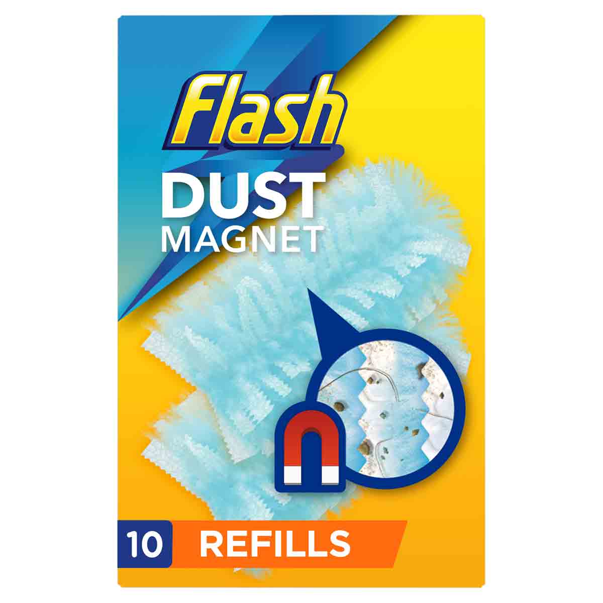 Flash Duster Magnet Trap and Lock refills in a pack of 10, featuring light blue, textured dusting pads with a circular magnet icon on a bright yellow and blue background.