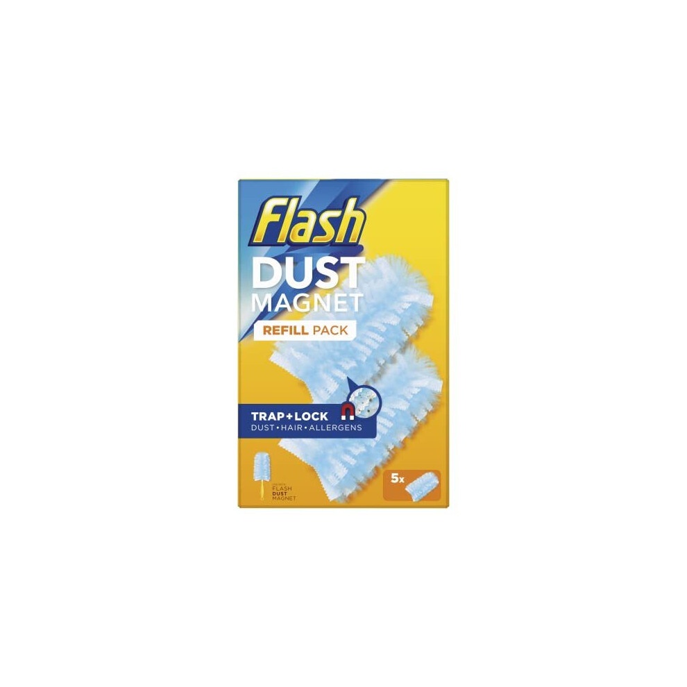 Flash Dust Magnet refills pack featuring 25 light blue dusters, designed to trap and lock dust, dirt, hair, and allergens, with a vibrant yellow background and clear labeling.