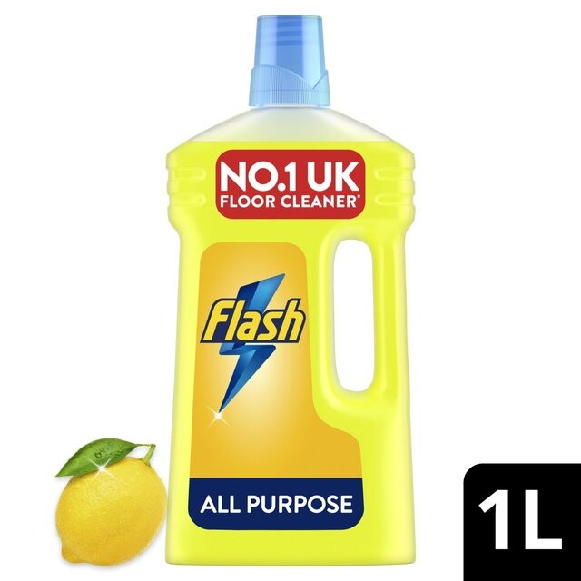 Bright yellow plastic bottle of Flash All Purpose Liquid Lemon cleaner, featuring a blue cap, a lightning bolt logo, and a lemon beside it, labeled "1L" and "NO.1 UK FLOOR CLEANER."