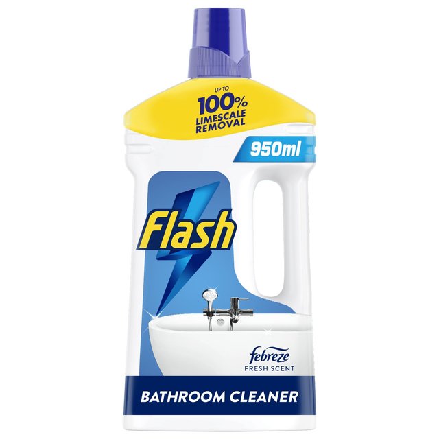 Flash Multipurpose Cleaning Liquid for bathrooms in a 950ml bottle, featuring a blue and yellow design, with a handle and a cap, promoting 100% limescale removal and a Febreze fresh scent.