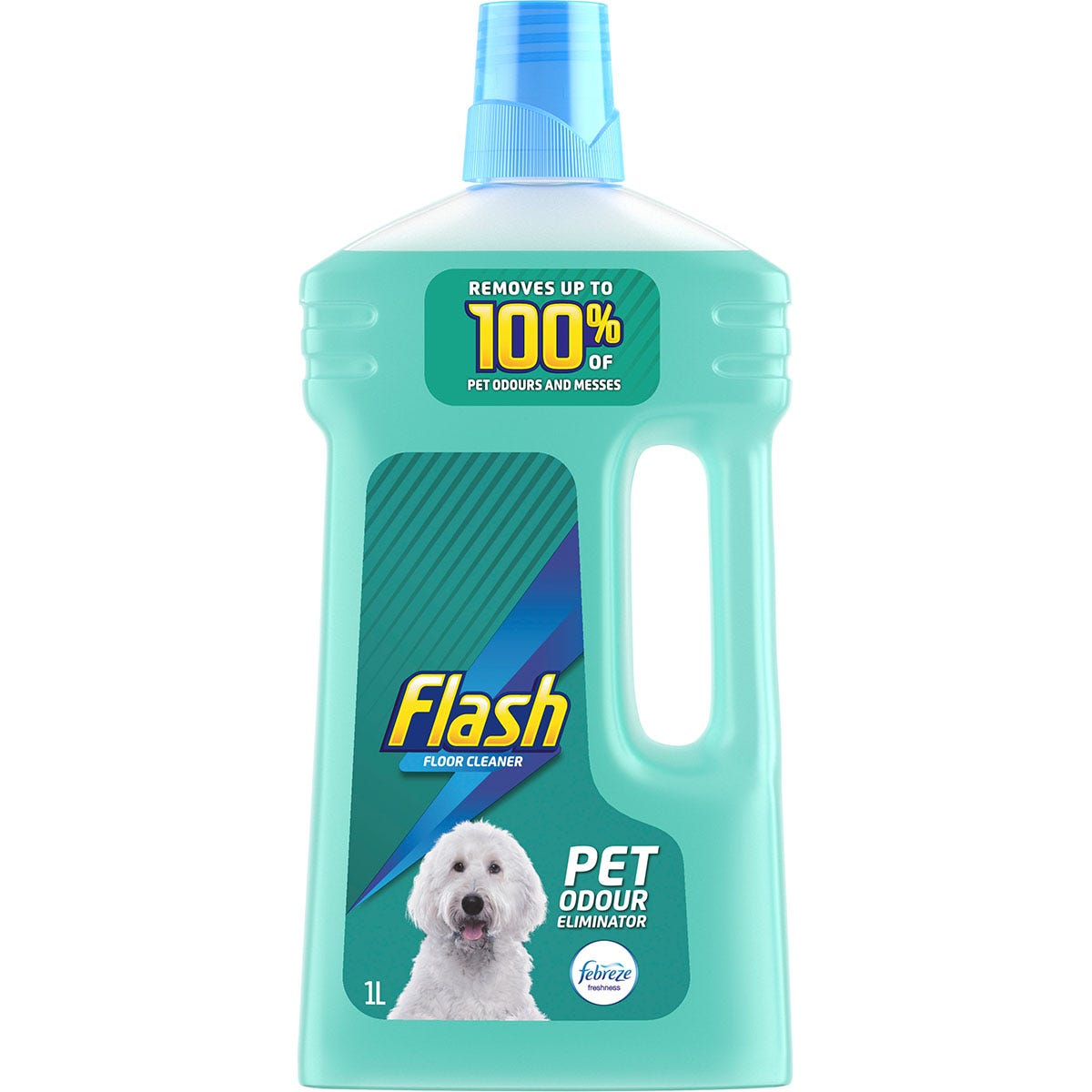 Turquoise plastic bottle of Flash Pet Odour Eliminator Floor Cleaner, 1L, featuring a white dog graphic and a blue cap, promising to remove 100% of pet odours and messes.