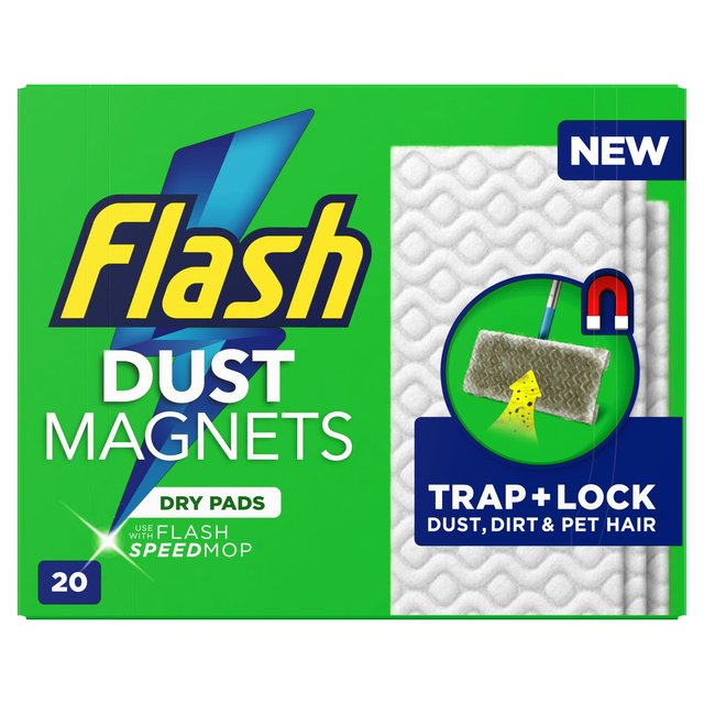 Flash Speedmop Dry Floor Cleaner Refill Pads pack, featuring 20 white textured pads designed to trap and lock dust, dirt, and pet hair, with a bright green and blue packaging.