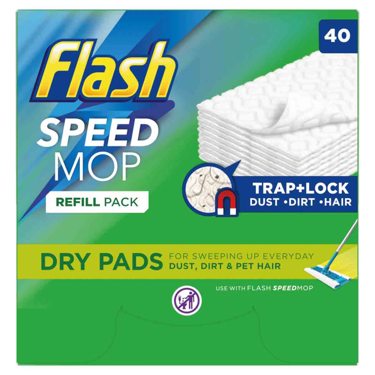 Flash Speedmop Dry Refill Pads, 40 count, featuring a green and blue packaging with a white mop pad design, designed to trap and lock dust, dirt, and pet hair.