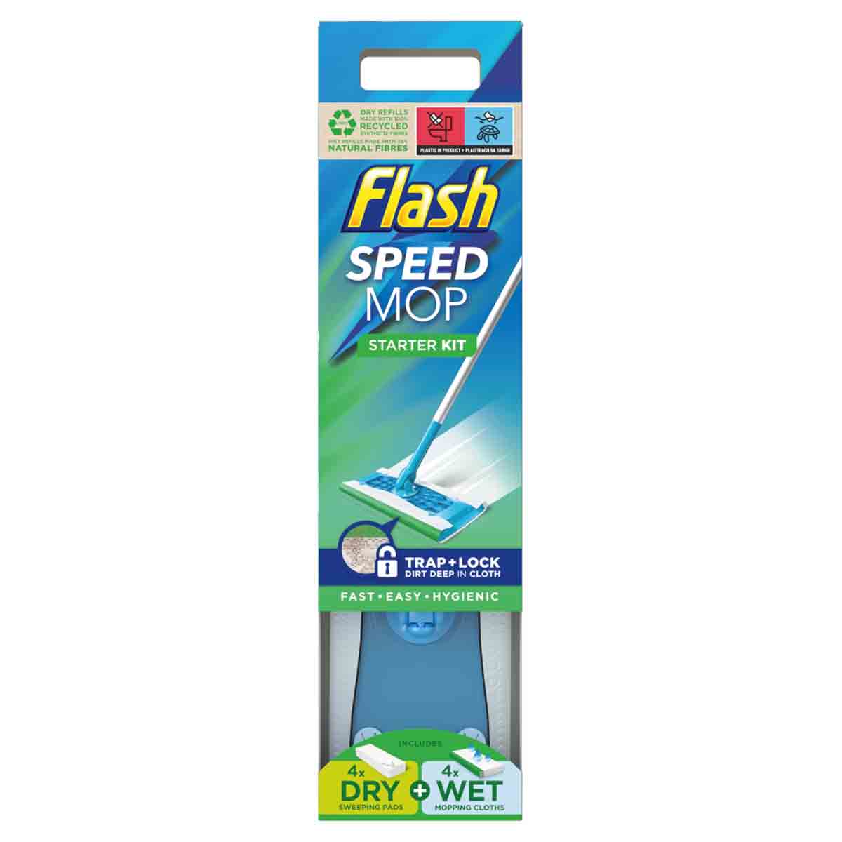 Flash Speed Mop Floor Cleaner Starter Kit featuring a blue and white spray mop, with packaging displaying "Trap + Lock" technology, includes 4 wet and 4 dry pads for versatile cleaning.