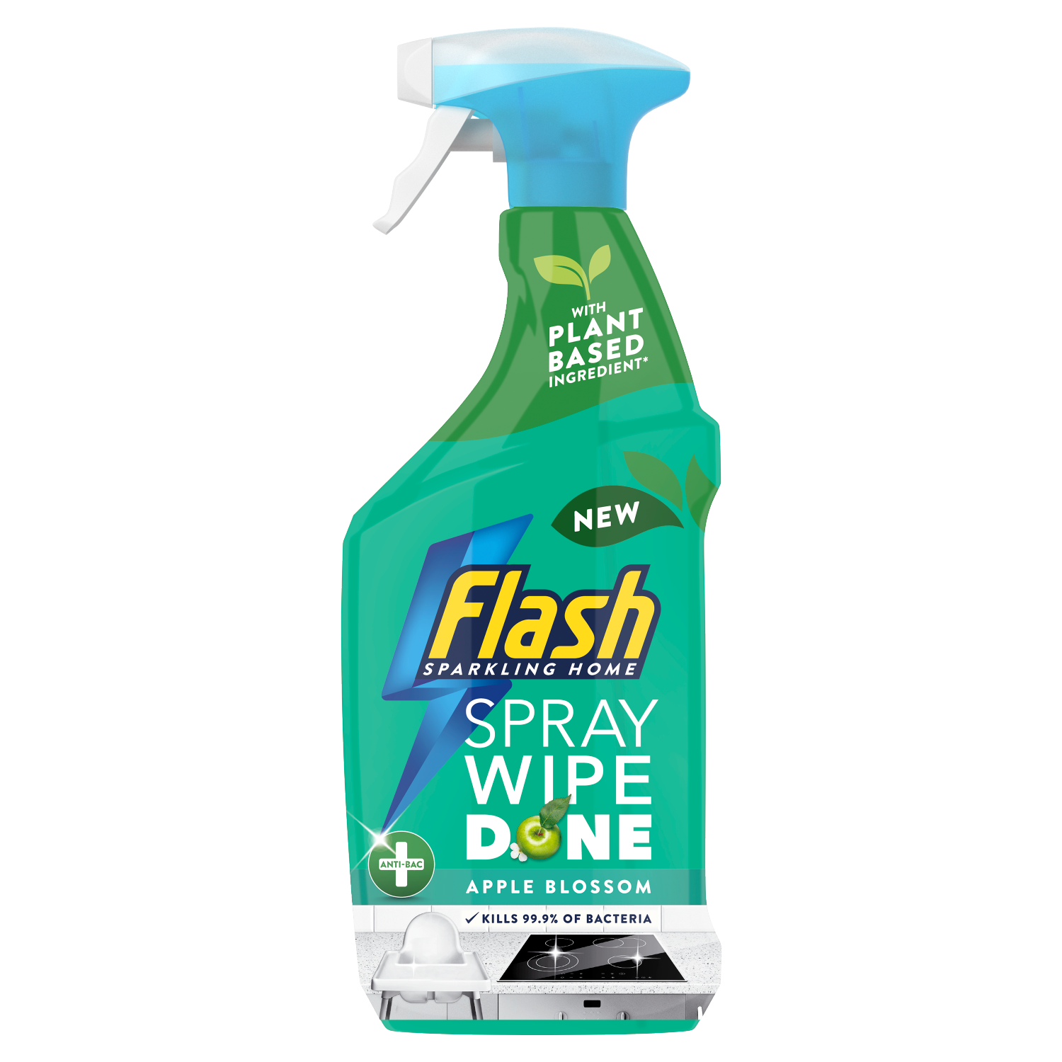 Green plastic spray bottle with a blue trigger, labeled "Flash Spray Wipe Done" in yellow and blue, featuring an apple blossom scent and plant-based ingredients, 800ml size.