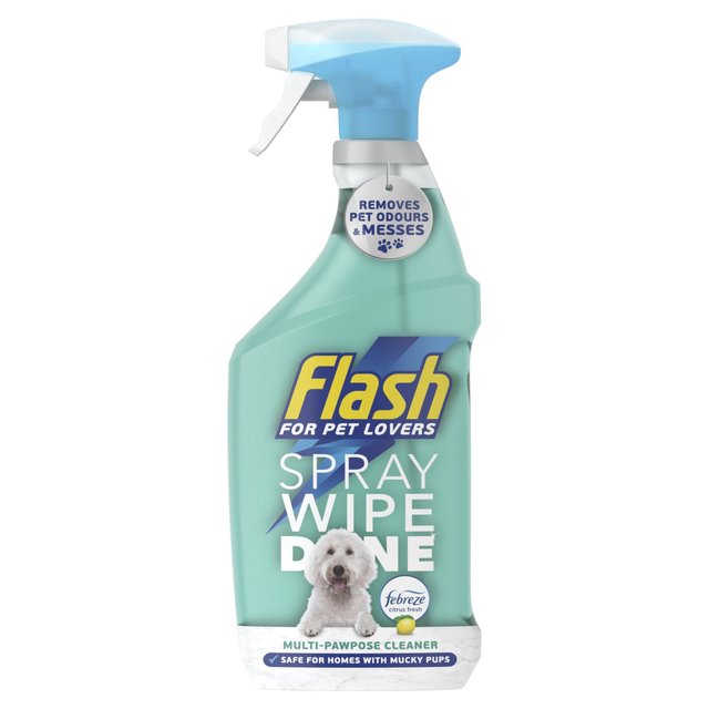Citrus-scented Flash Spray Wipe Done cleaner in an 800ml turquoise bottle with a spray nozzle, featuring a white dog graphic and "removes pet odours" text.