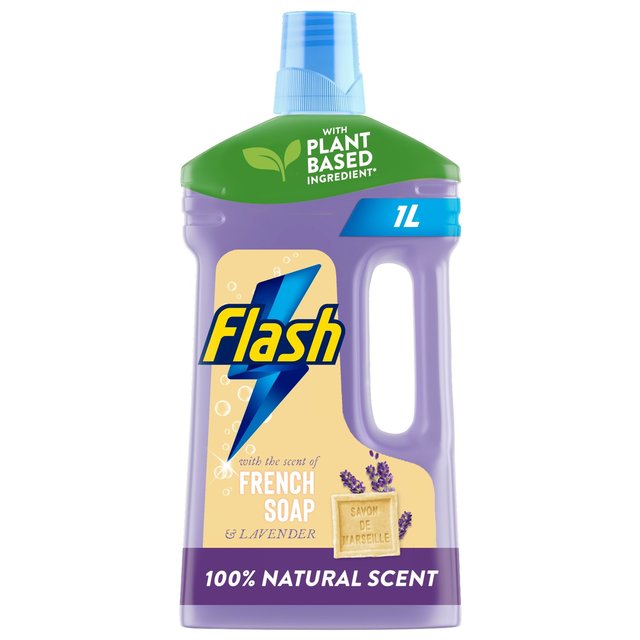 Purple plastic bottle of Flash All-Purpose Cleaner with lavender scent, featuring a blue cap, 1L size, and a label highlighting "100% Natural Scent" and "Plant-Based Ingredient."