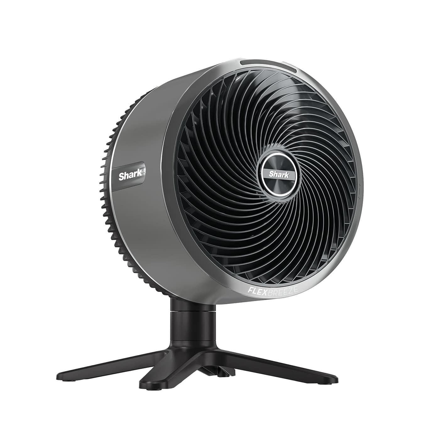Gray tabletop fan with a circular design, featuring a black front grille and a sturdy black base, labeled "Shark FLEXBREEZE," suitable for indoor and outdoor use.