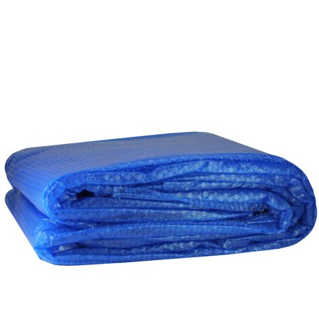 Blue round floating solar swimming pool cover, measuring 6.3 feet, made of durable material, designed to retain heat and reduce evaporation.
