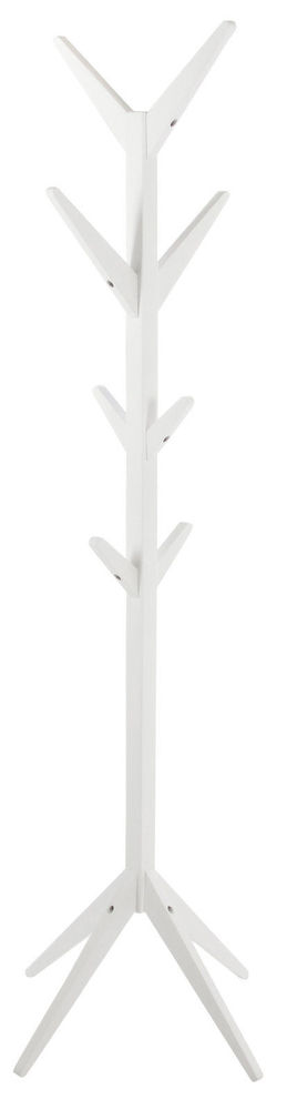 White coat hanger with a minimalist design featuring a tree-like structure and multiple branches for hanging items, made from sturdy material.