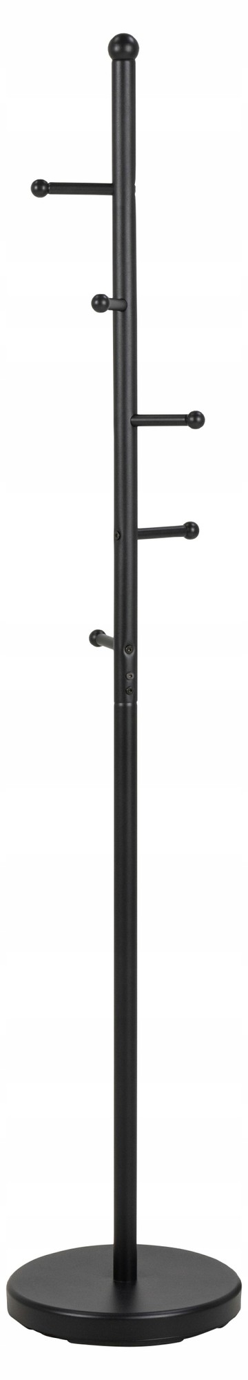 Matt black coat hanger with a sleek metal frame, featuring a round base and three evenly spaced hooks for hanging coats or accessories.
