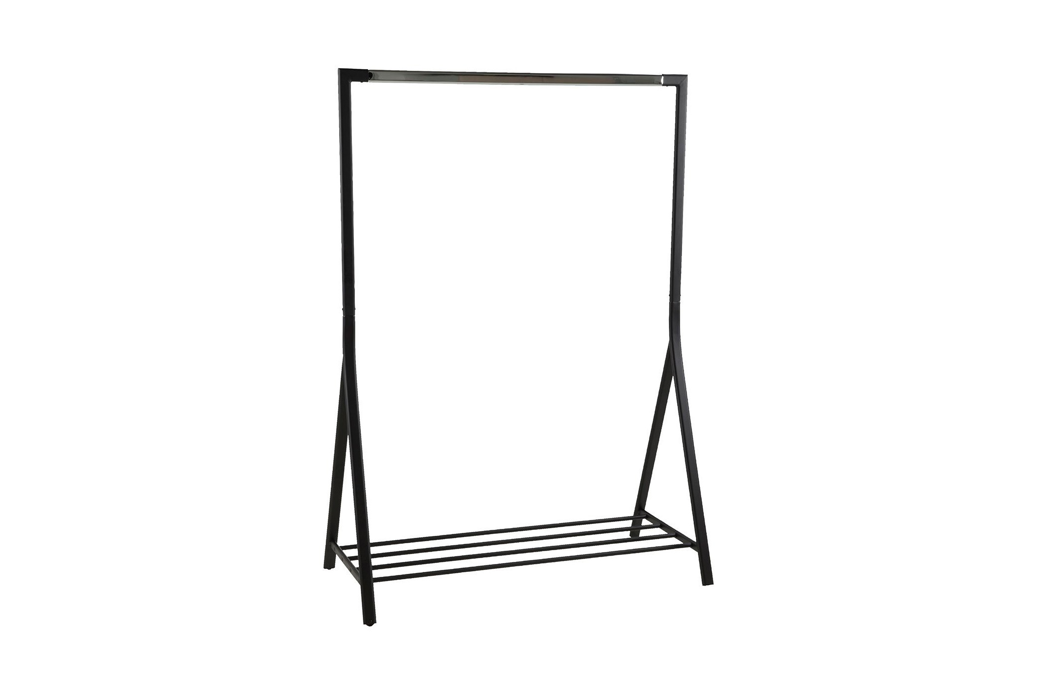 Black metal clothes rack with a minimalist design, featuring a horizontal bar for hanging clothes and a lower shelf for shoes or storage.
