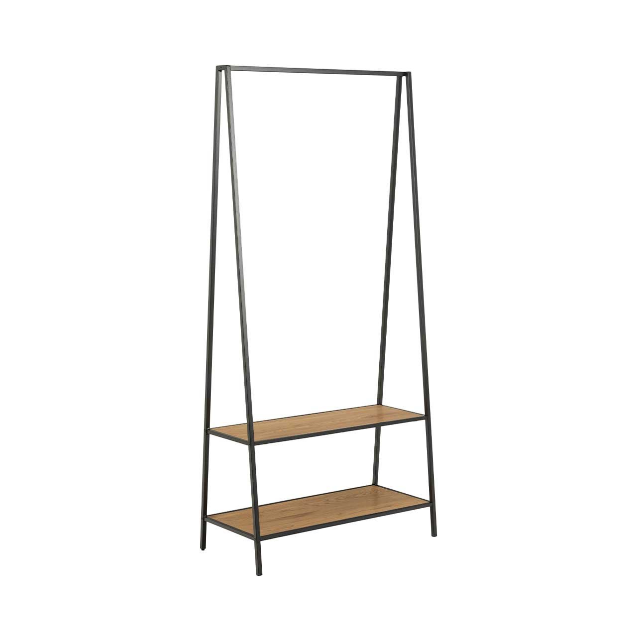 Black metal clothes rack featuring a minimalist design with two oak shelves, ideal for indoor use and stylish storage.