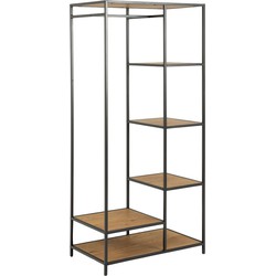 Black metal clothes rack featuring five oak shelves, showcasing a modern design with an open structure and a combination of wood and metal materials.