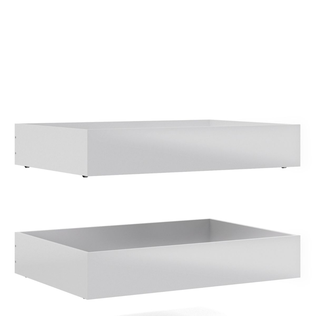 Set of 2 underbed drawers in white high gloss finish, designed for single or double beds, featuring a minimalist design with smooth edges and a spacious interior for storage.