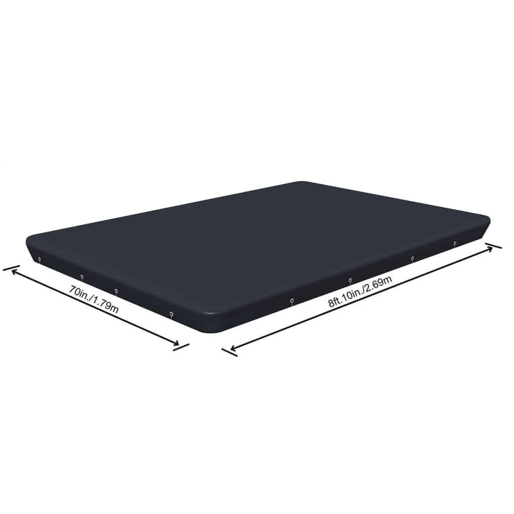 Dark blue rectangular pool cover with reinforced edges, featuring metal grommets for secure fastening, designed to protect swimming pools from debris and ensure safety.