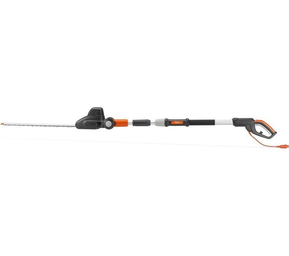 Electric hedge trimmer with a long reach, featuring a black and orange design, a sturdy handle, and a sharp blade for precise cutting.