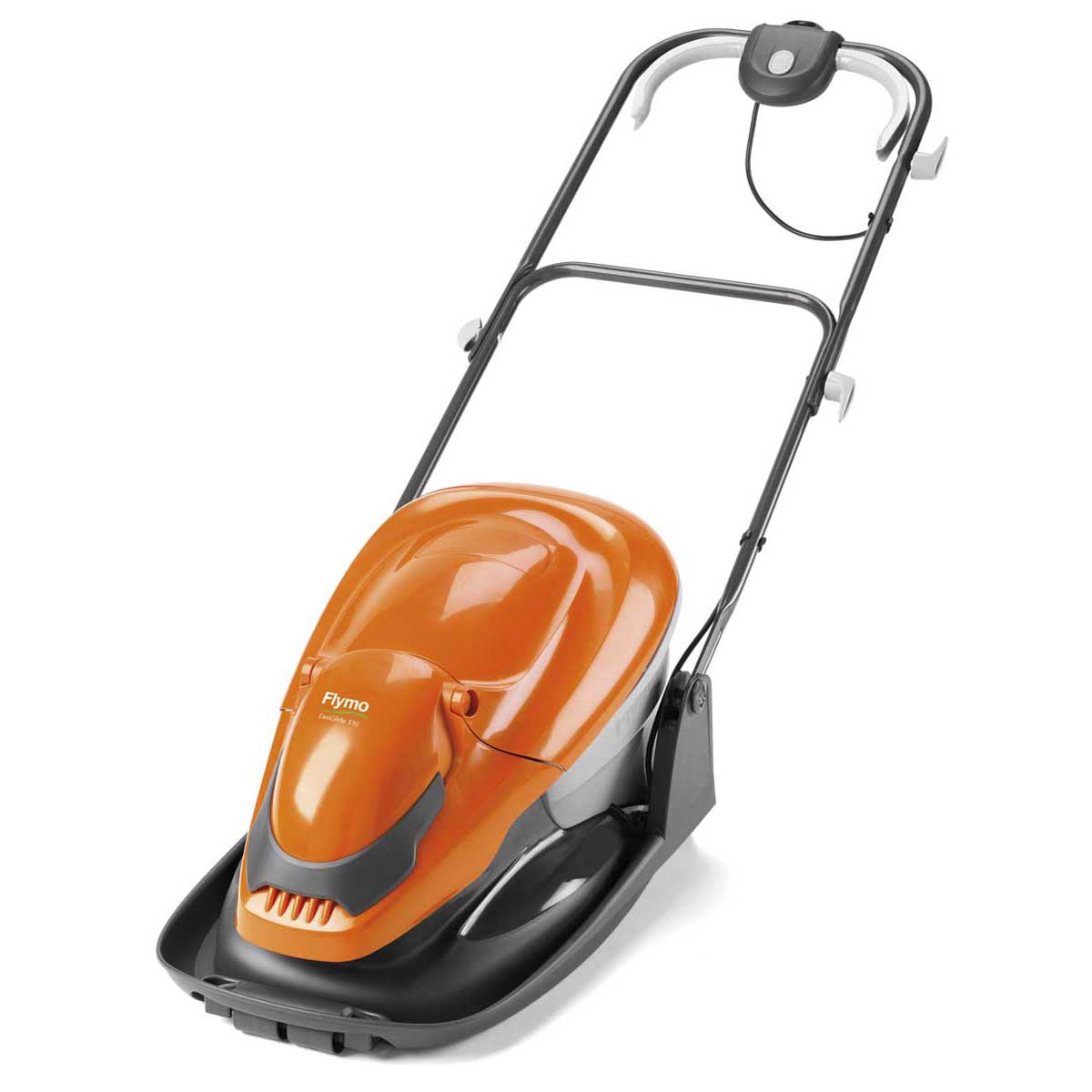 Bright orange electric lawn mower with a sleek design, featuring a black base and a foldable handle for easy storage, showcasing the Flymo brand logo prominently.