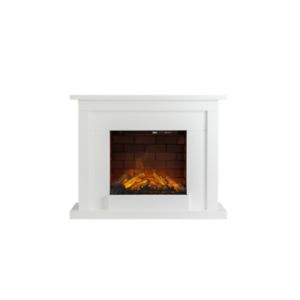 White electric fire suite featuring a classic design with a brick effect interior, glowing logs, and a sleek mantelpiece, perfect for adding warmth to any room.