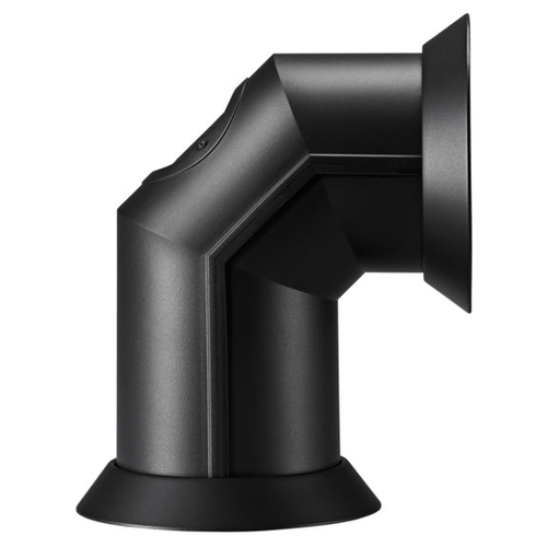 Black metal electric stove pipe elbow connector with a smooth finish, featuring a 90-degree angle and a wide base for secure installation.