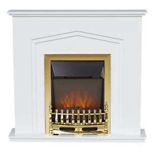 White fireplace suite featuring a gold-trimmed LED fire insert with a realistic flame effect, set within an elegant, angular design.