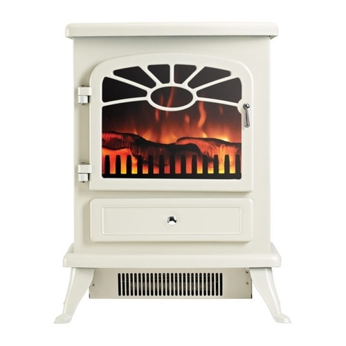 Cream-colored electric stove featuring a log flame effect, arched window design, and a front drawer, set on sturdy legs with a vent at the base.