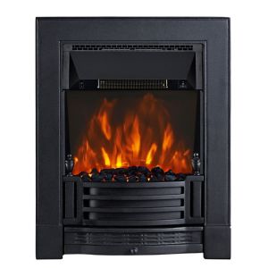 Focal Point Finsbury 2kW LED electric fire in black, featuring a realistic flame effect, black cast surround, and decorative pebble base.