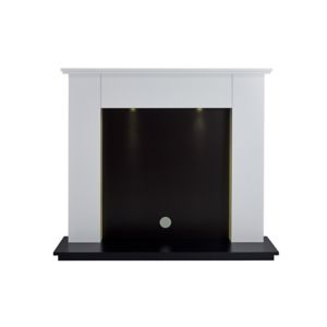 Focal Point Lashenden surround in black and white, featuring a sleek design with a white mantel, black base, and subtle built-in lighting.