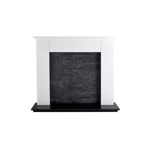 A modern fireplace surround featuring a sleek white mantel and a textured slate panel in dark gray, complemented by a glossy black base.