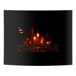 Black curved electric wall fire featuring realistic flame effect, log display, and digital temperature control. Compact design suitable for modern interiors.