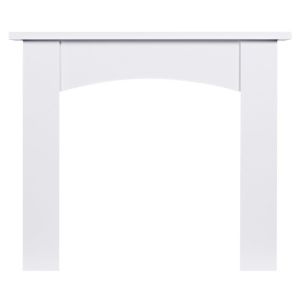 White wooden fire surround featuring a classic arch design, with clean lines and a smooth finish, suitable for enhancing any fireplace setting.