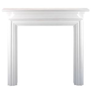Elegant white fire surround with a classic design, featuring detailed molding and a smooth finish, perfect for enhancing any fireplace setting.