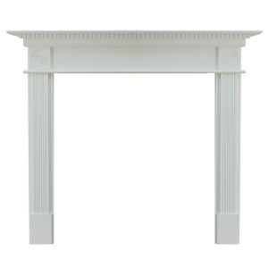 White wooden fire surround with decorative fluted columns, intricate carvings, and a classic mantel design, ideal for enhancing a fireplace's aesthetic.