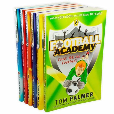 Six colorful paperback books from the "Football Academy" series by Tom Palmer, featuring vibrant covers with soccer themes and illustrations of players and a soccer ball.