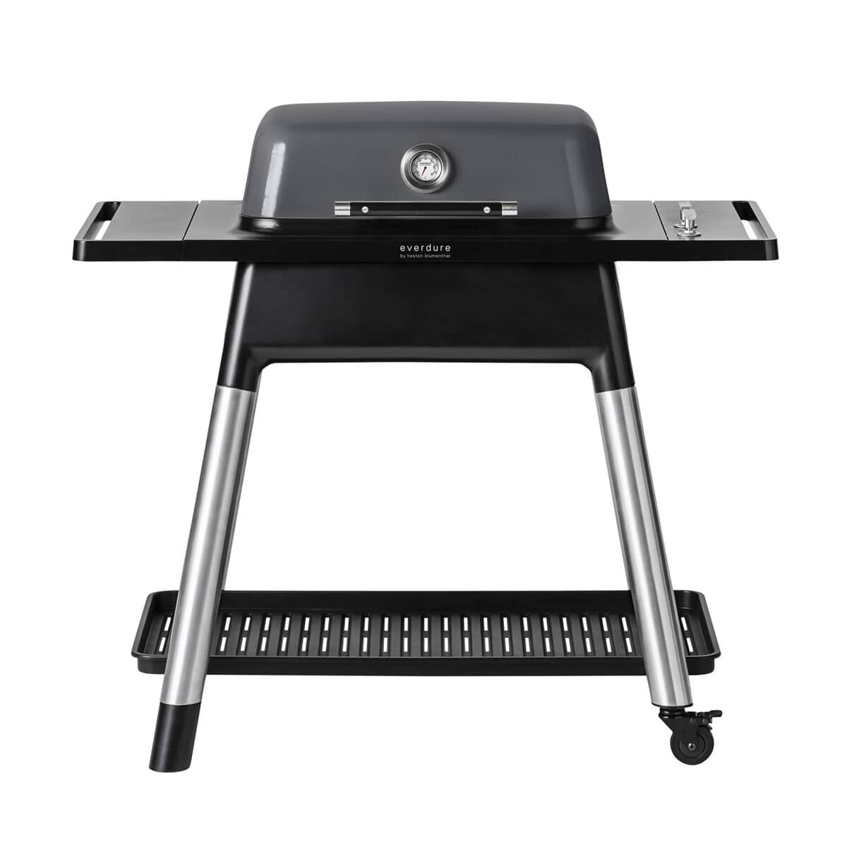 Graphite-colored Everdure by Heston Blumenthal FORCE 2 Burner Gas BBQ with a sleek design, stainless steel legs, and a built-in thermometer on the lid.