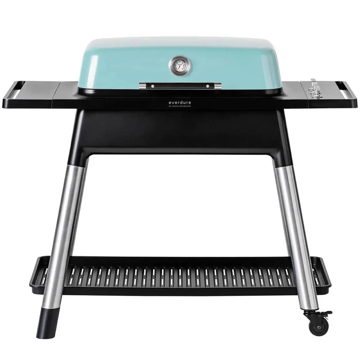 Mint-colored 2-burner gas BBQ with a sleek design, stainless steel legs, a front control panel, and a lower shelf for storage, featuring a round temperature gauge on the lid.