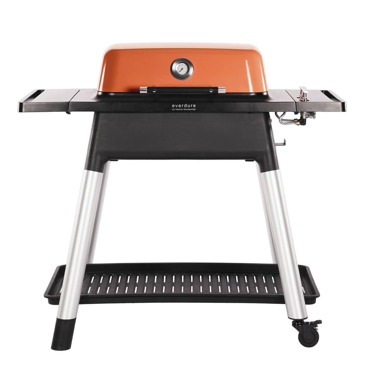 Everdure by Heston Blumenthal FORCE 2 Burner Gas BBQ in vibrant orange with a sleek black base, featuring two burners, a front control panel, and sturdy silver legs.