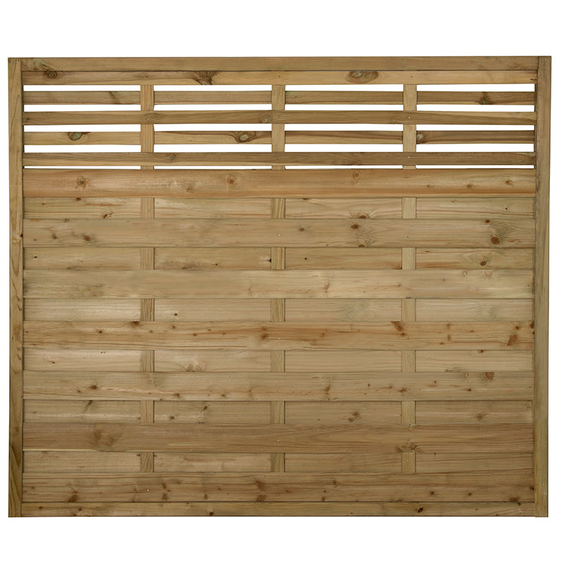 Kyoto decorative fence panel in natural wood finish, measuring 6' x 5', features horizontal slats and a sleek design, ideal for garden or outdoor spaces.