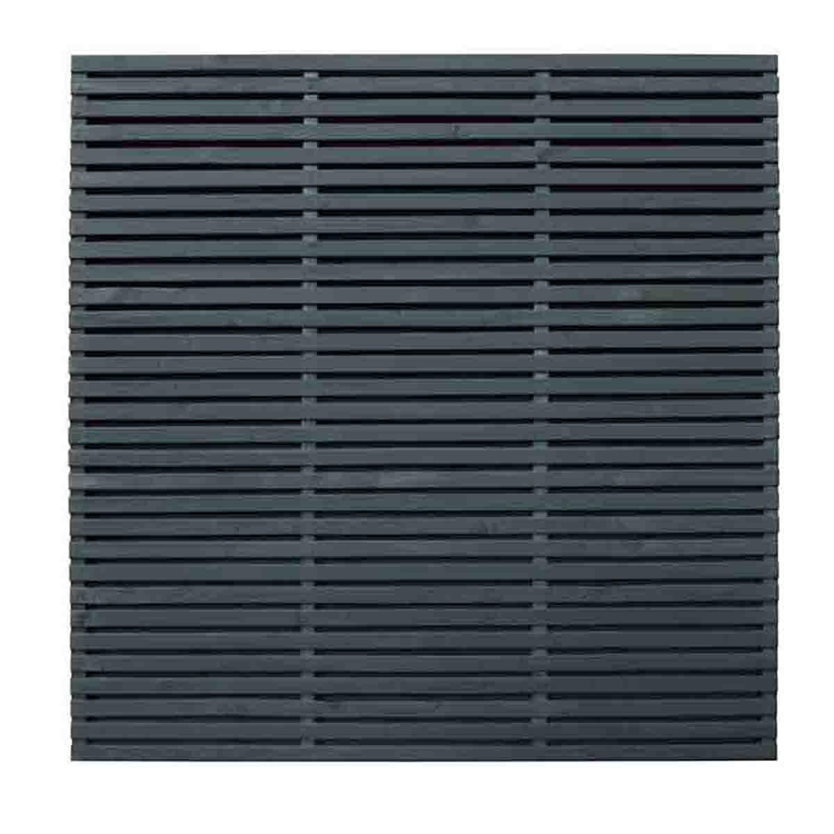 Contemporary grey double slatted fence panel measuring 6' x 6', featuring horizontal slats made from wood, designed for modern garden aesthetics.