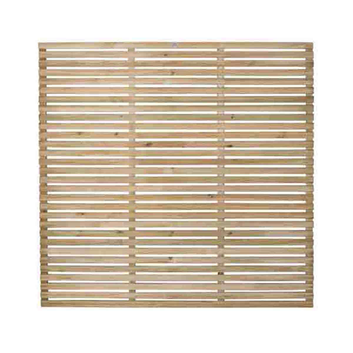 Contemporary slatted fence panel made from pressure-treated wood, featuring horizontal slats in a natural light brown finish, measuring 6' x 6' (1.8m x 1.8m).