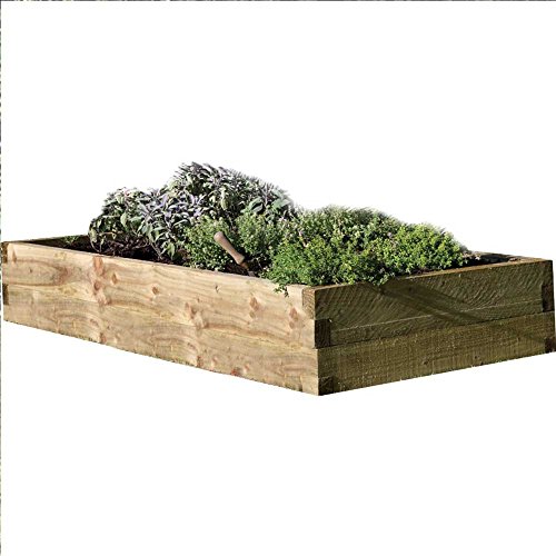 Rectangular raised bed made of natural wood, measuring 6'x3' (1.8x0.9m), filled with various green plants and herbs, showcasing a sturdy, rustic design.
