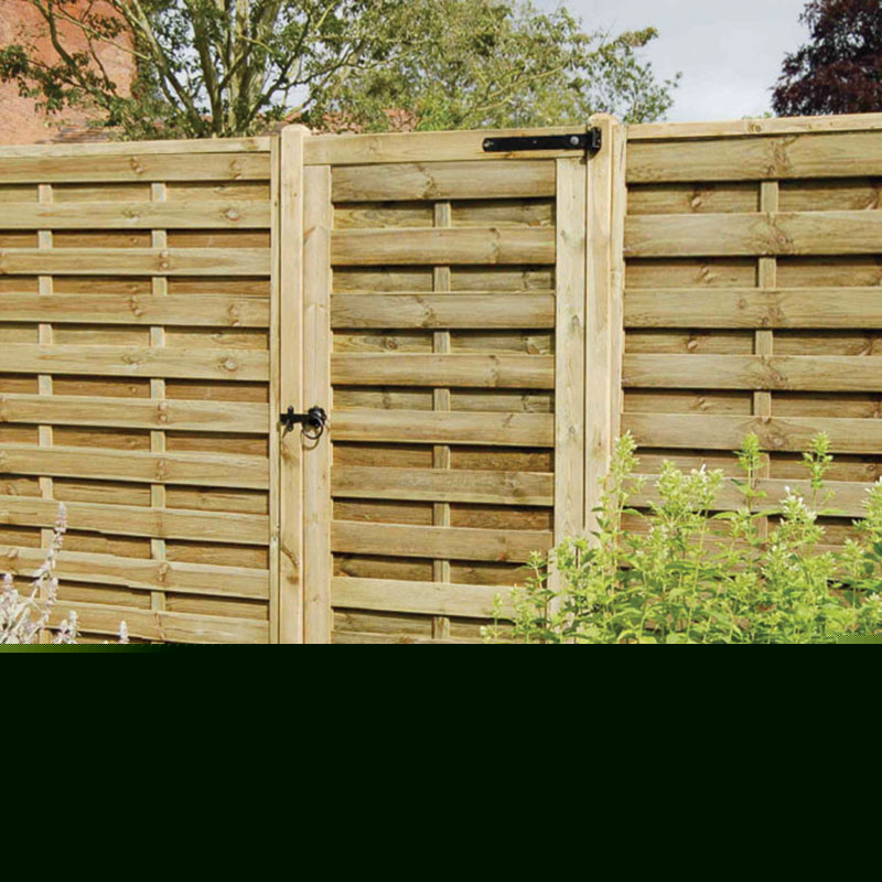 1.8m high wooden gate made from natural timber, featuring horizontal slats and a black latch, surrounded by greenery and a wooden fence.
