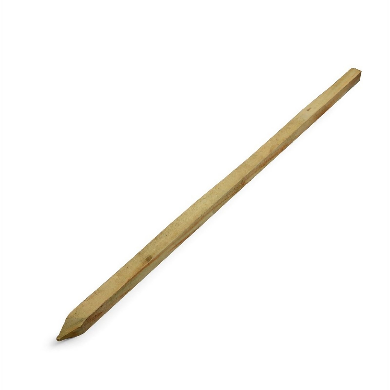 A 120cm wooden tree stake with a pointed end, featuring a natural wood finish, designed for supporting plants in gardens.