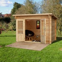 A wooden log cabin with a natural finish, measuring 3m x 2m, featuring double doors, a large window, and a flat roof, set in a grassy outdoor area surrounded by trees.