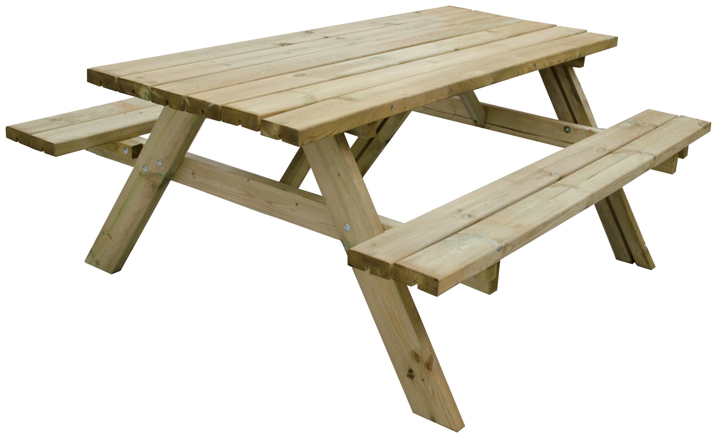 Large rectangular wooden picnic table made from light-colored timber, featuring a sturdy frame and two attached benches, suitable for outdoor gatherings.