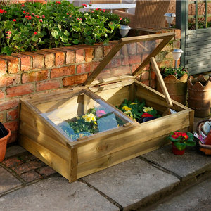 Large wooden cold frame in natural wood finish, featuring a sloped glass lid, housing vibrant flowers, set against a brick wall with potted plants and greenery.
